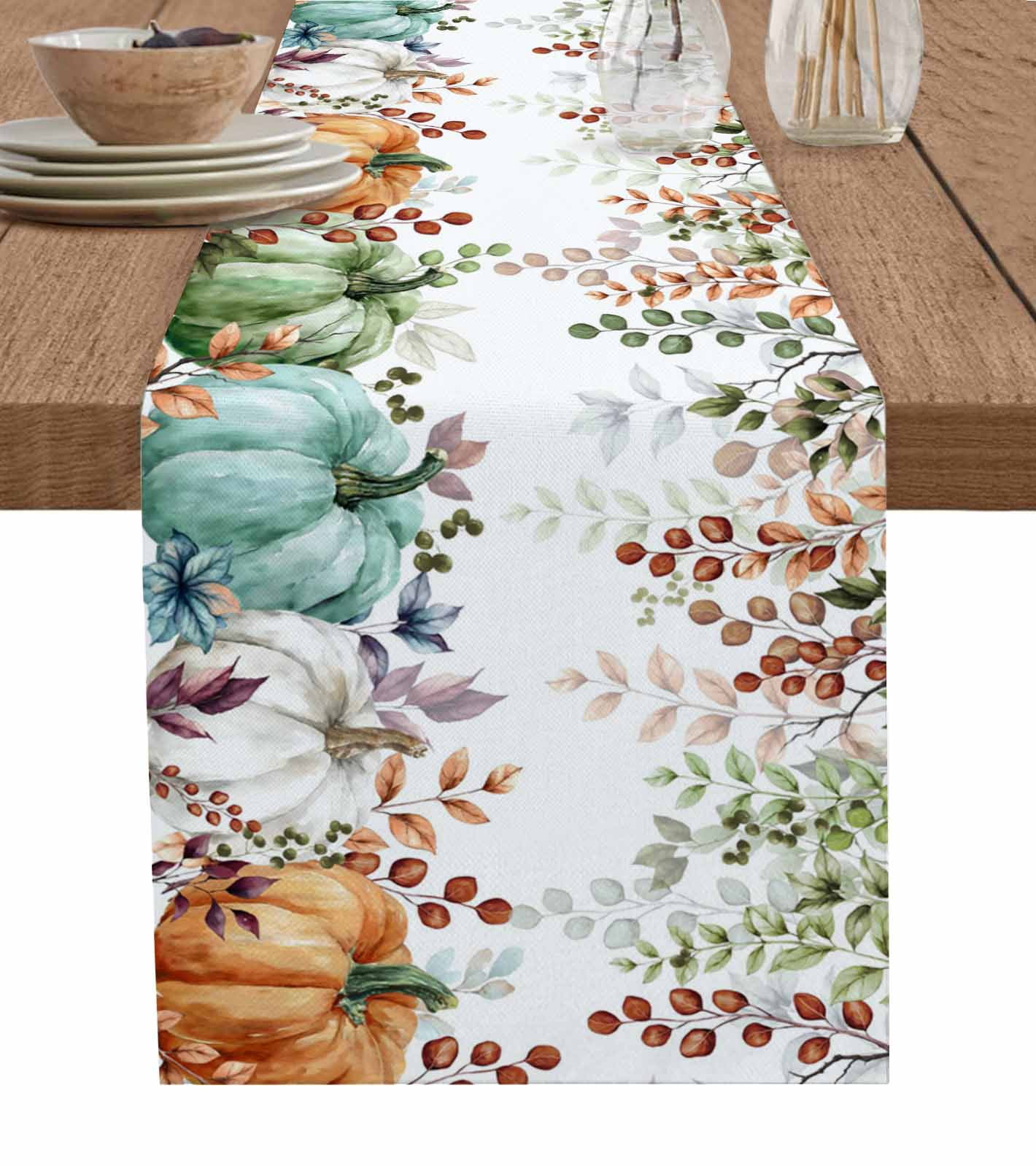 Green Pumpkin Burlap Cotton Table Runner 13x90 Inches Long, White ...