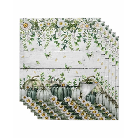 Green Pumpkin Fall Cloth Napkins Set of 6 Reusable Dinner Napkins, Thanksgiving Eucalyptus Daisy Wooden Cocktail Napkin Washable Table Napkins for Wedding/Holiday Party/Baby Shower 20"x20"
