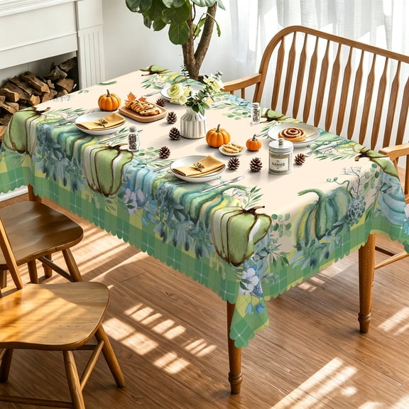 Green Pumpkin Fall Plaid Tablecloth Rectangular Eucalyptus Floral Table Cover Autumn Thanksgiving Dining Table Decor 60"W x 84"L