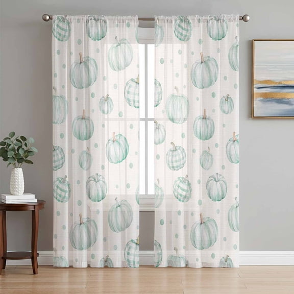Green Pumpkin Fall Sheer Curtains 84 Inches Long, Polka Dot Watercolor Thanksgiving Light Filtering Window Curtains for Living Room, Rod Pocket Voile Sheer Curtain Drapes, 52"W x 84"L, 2 Panels