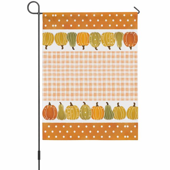 Green Pumpkin Orange Garden Flags For Outdoor, Apricot Plaid Country Chic Polka Dot Borders Small Double Side Yard Flags Weather Proof Garden Decor for Lawn Outside Holiday 12 x 18 Inches