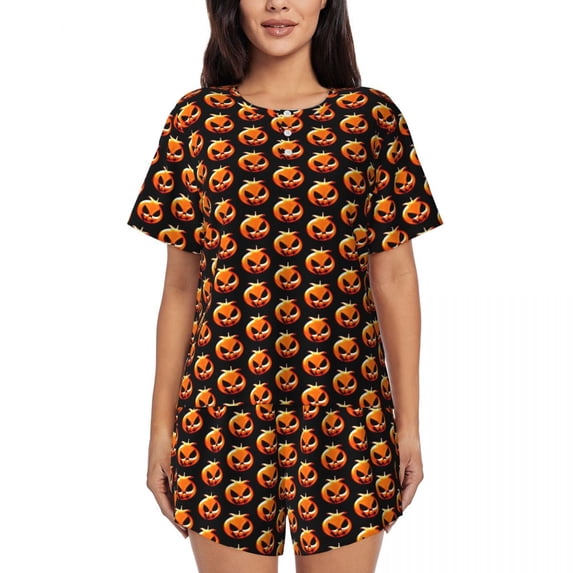 Green Pumpkin Pajamas Short Sleeves Halloween Pumpkins 2 Pieces Night Pajamas Set Summer Lady O Neck Vintage Sleepwear