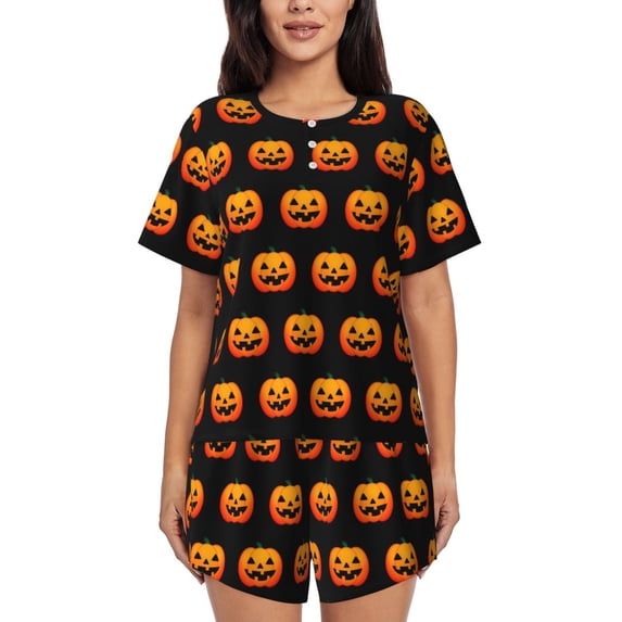 Green Pumpkin Pajamas Short Sleeves Halloween Pumpkins 2 Pieces Night Pajamas Set Summer Lady O Neck Vintage Sleepwear