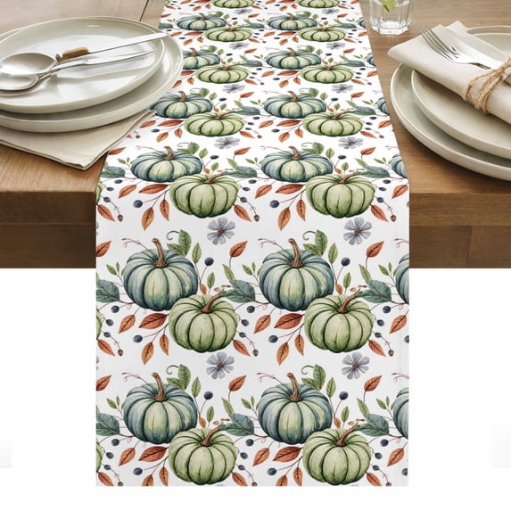 Green Pumpkin Table Runner - 60 Inch Long, Kitchen Dining Table Runner Dresser Scarves, Thanksgiving Fallen Leaves Flower Fruit Farmhouse Decor for Coffee Tables Wedding Party Banquet