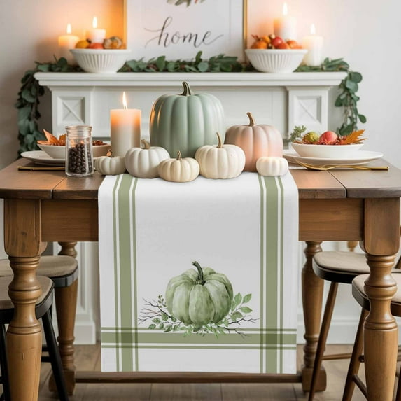 Green Pumpkin Table Runner, Autumn Thanksgiving Kitchen Dining Table Decoration for Home Party Decor 18x72 Inches