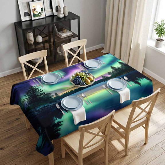 Green Purple Aurora Rectangle Tablecloth 52x70 Inch Forest Lake Waterproof Polyester Tablecloth for Dining Table, Washable Table Cover for Kitchen Dining Room Wedding Decoration,Stain Resistant