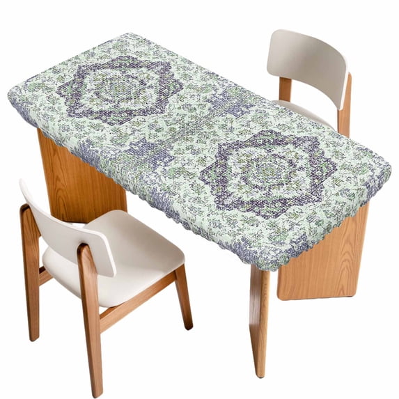 Green Purple Boho Table Cloths for 4 Foot Rectangle Tables, Vintage Abstract Art Floral Ethnic Tribe Patio Waterproof Elastic Fitted Tablecloths, Washable Rectangular Table Cover for Camping