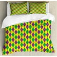 thumbnail image 1 of Green and Purple Duvet Cover Set, Mardi Gras Themed Abstract Geometric Pattern with Rhombuses, Decorative 3 Piece Bedding Set with 2 Pillow Shams, King Size, Yellow Violet and Green, by Ambesonne, 1 of 3