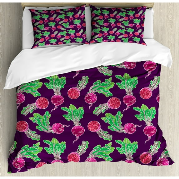 Green and Purple Duvet Cover Set, Ripe Beets Pattern Cartoonish Design on Purple Background, Decorative 3 Piece Bedding Set with 2 Pillow Shams, King Size, Purple Green and Magenta, by Ambesonne