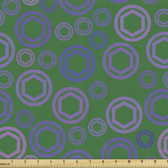Green and Purple Fabric by the Yard, Geometric Modern Themed Pattern with Hexagons in Circles, Decorative Upholstery Fabric for Sofas and Home Accents, 2 Yards, Green Lavender and Violet by Ambesonne