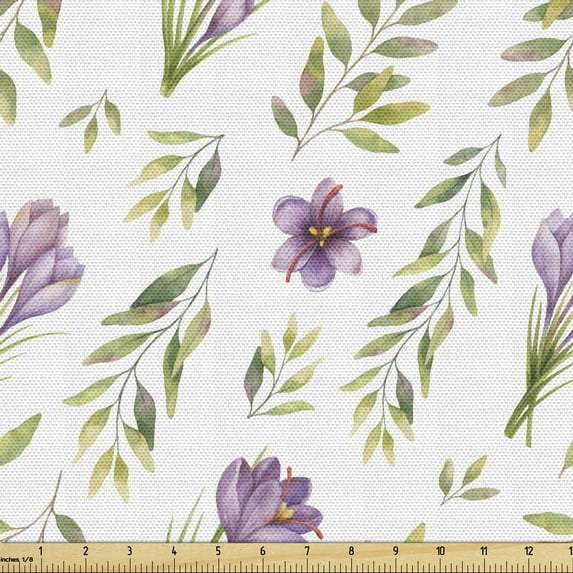 Ambesonne Green and Purple Fabric by the Yard Upholstery, Pastel Floral Leaf, 1 Yard, Mauve Khaki White