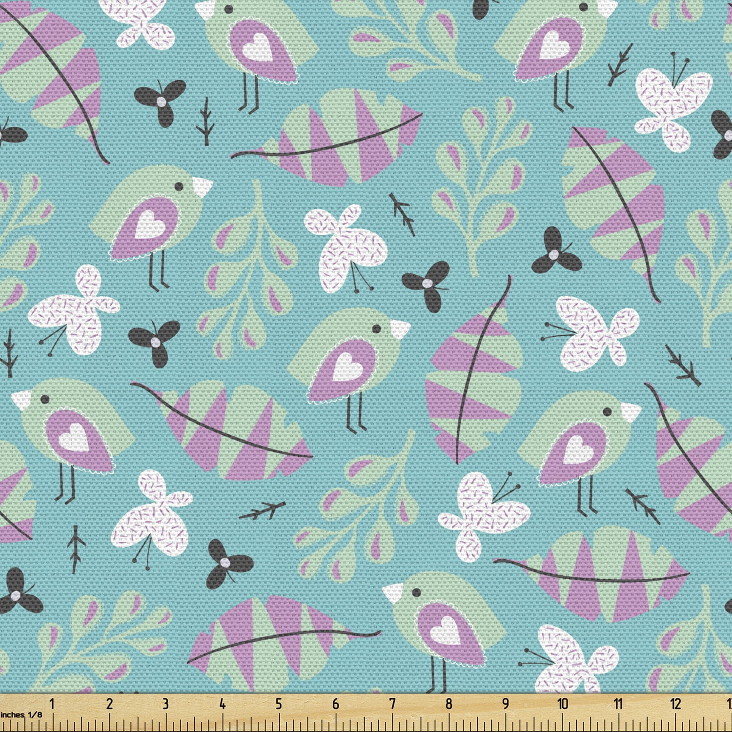 Green and Purple Fabric by the Yard, Spring Themed Pattern with Birds ...