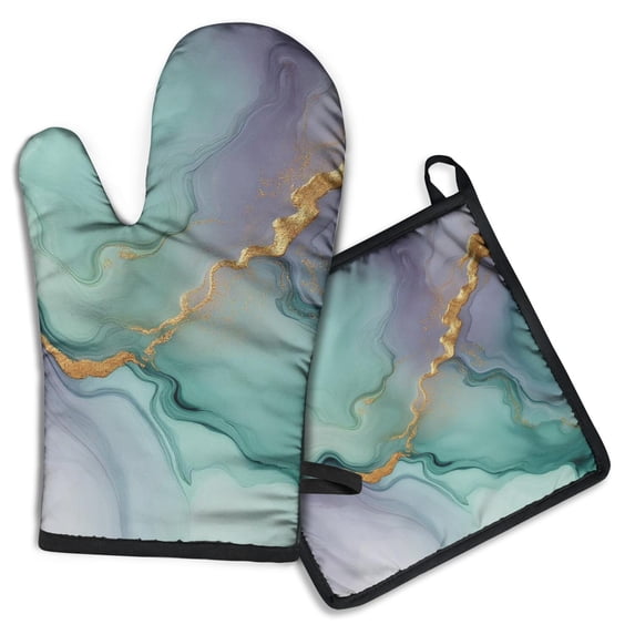Green Purple Gold Marble Pattern Kitchen Oven Mitt and Pot Holder Sets 4 Pcs for Baking, Cooking and Grilling, Heat Resistant Up To 392 °F
