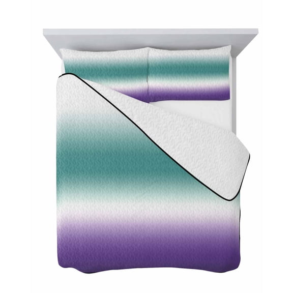 Green and Purple Gradient 3 Piece Quilt Set King Size, Minimalist Violet Turquoise Ombre Soft Bedspread Coverlet Bedding Set Microfiber Lightweight Comforter Set with 2 Pillowcases for Bedroom