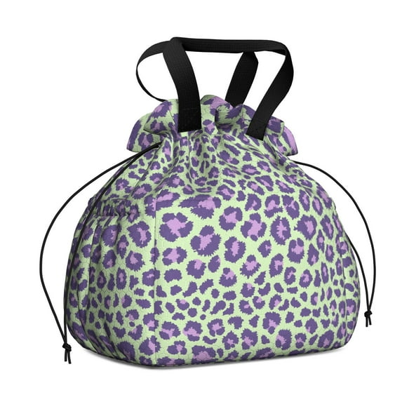 Green and Purple Of Leopard Print Drawstring Lunch Bag Women - Drawstring Lunch Bag Insulated for Work Office - Stain-Resistant Large Lunchbags for Women with Multi-Pockets