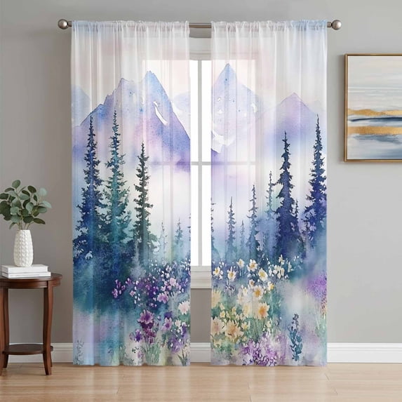 Green Purple Mountains Sheer Curtains 84 Inch Length 2 Panels Set, Watercolor Forest Wildflower Voile Window Treatment Rod Pocket Curtains Sheers Drapes for Bedroom/Living Room/Kitchen 52"x84"x2