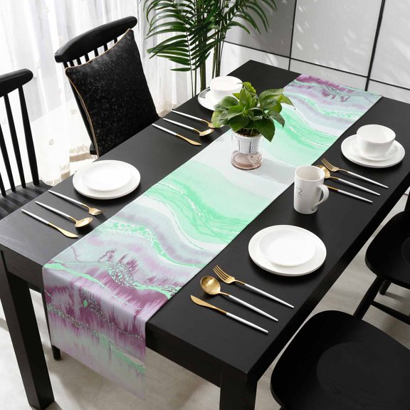Green Purple Ombre Cotton Linen Small Table Runner 13 x 60 inch Abstract Modern Art Fluid Striped Non-slip Rectangular Dining Table Decor for Wedding Party Holiday Dinner