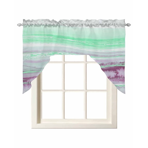 Green Purple Ombre Swag Valances for Windows, Small Curtains Drapes, Abstract Modern Art Fluid Striped Kitchen Window Curtains Over Sink Window Treatment Valance for Bedroom/Bathroom 56"x36"