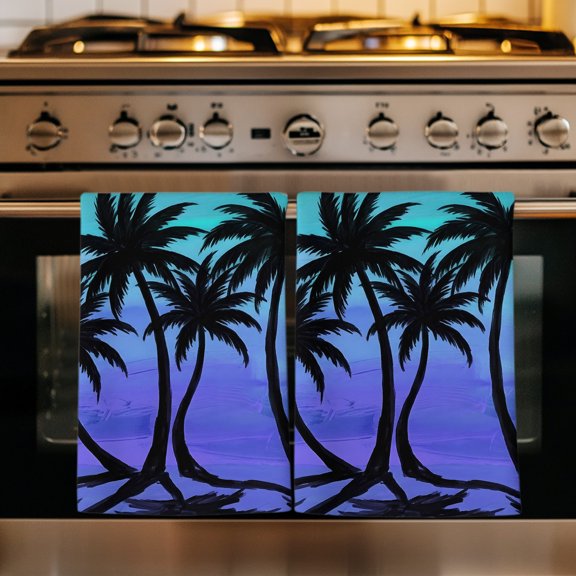 Green Purple Ombre Tropical Kitchen Towels Set of 4, Summer Palm Tree Oil Painting Absorbent Dish Towels for Kitchen, Microfiber Hand Towel, Quick Drying Tea Towel for Cleaning Decorative Dishcloths