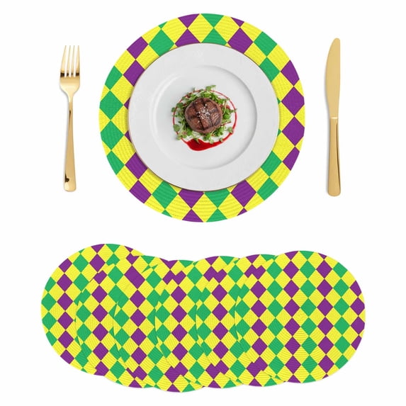 Green Purple Plaid Round 13 Inch Placemats Set of 6, Modern Geometric Minimalist Checkered HeatResistant Non Slip Place Mats for Dining Table, Wipeable Braided Kitchen Table Mats for Housewarming