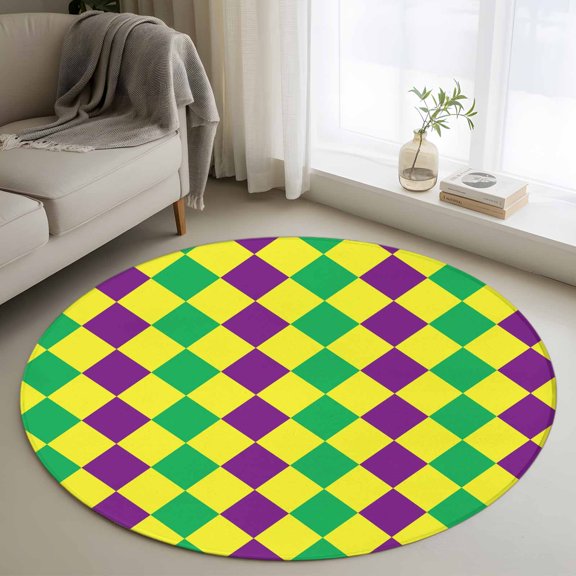 Green Purple Plaid Round Area Rug 4Ft Washable Circle Rugs for Bedroom Dining Room, Modern Geometric Minimalist Checkered Non-Slip Carpet Floor Mats Indoor Outdoor Carpet Runner Aesthetic Home Decor