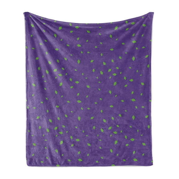Green and Purple Soft Flannel Fleece Throw Blanket, Birch Leaves Pattern Repetitive Design Nature Themed Motif, Cozy Plush for Indoor and Outdoor Use, 70" x 90", Quartz and Lime Green, by Ambesonne