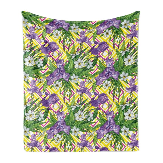 Green and Purple Soft Flannel Fleece Throw Blanket, Colorful Pattern with Iris and Narcissus Flowers on Geometric Backdrop, Cozy Plush for Indoor and Outdoor Use, 50" x 60", Multicolor, by Ambesonne