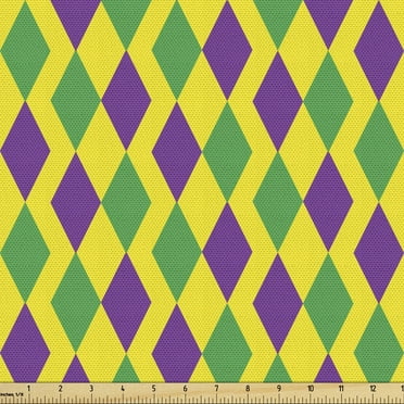 Green and Purple Upholstery Fabric by the Yard, Mardi Gras Themed Abstract Geometric Pattern with Rhombuses, Decorative Fabric for DIY and Home Accents, 1 Yard, Yellow Violet and Green by Ambesonne