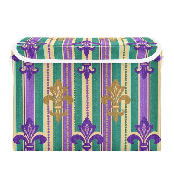 Green Purple Vertical Stripes Mardi-gras Flowers Foldable Storage Bins with Lids Handles Collapsible Storage Containers Tote Boxes 16.5 x 12.6 x 11.8 inches