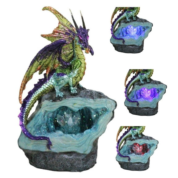 Green Purple and Gold Earth Dragon On LED Faux Geode Crystals Rock Figurine