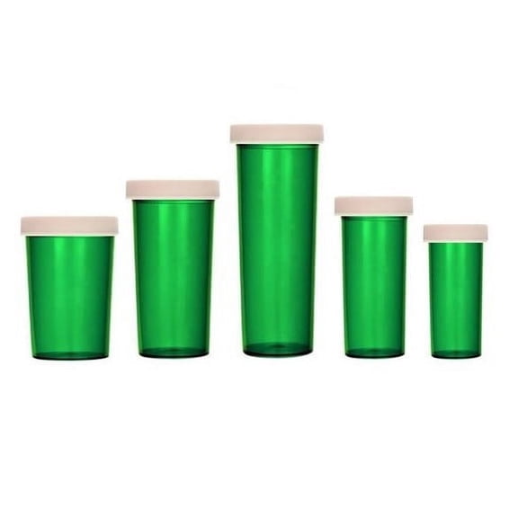 Green Push-N-Turn Vials with Child Resistant Caps (includes extra 5% Snap Caps)