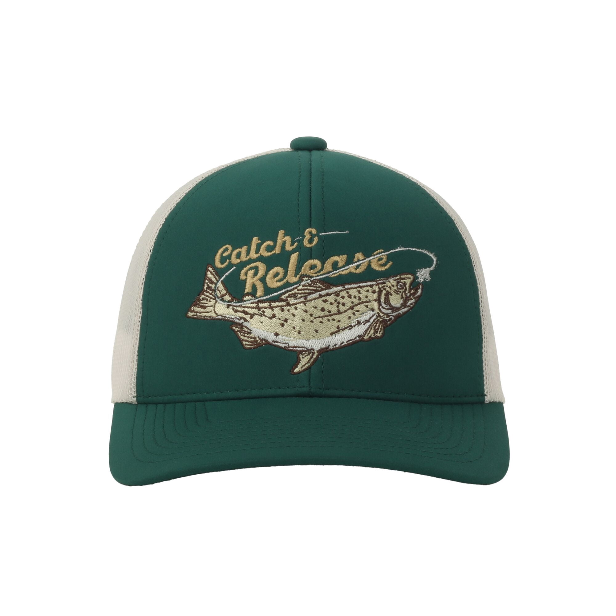 Green/Putty Trout 5-Panel Fishing Cap – Structured, Embroidered, Snapback, One Size