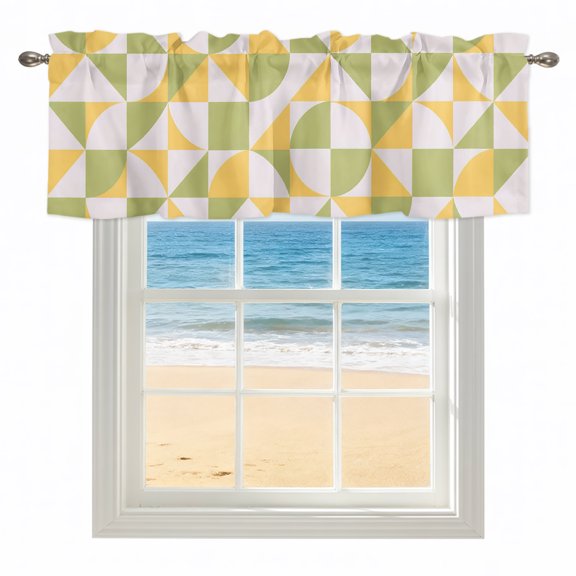 Green Quarter Circles Valances for Windows, Rod Pocket Kitchen Valance Curtains - Soft & Washable Small Window Treatment for Living Room, Bathroom, Geometric Triangle Shards 42x12inch, 1 Panel