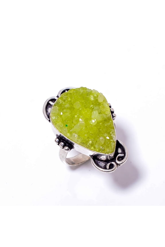 Green Quartz Druzy - India Designer Handmade 925 Sterling Silver Ring S.7.5 R117