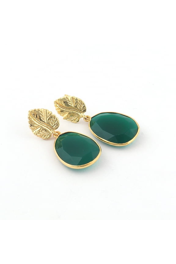 Green Quartz Drop Earring, 18K Gold-Plated Leaf Floral Teardrop Brass, Lightweight Handmade Jewelry for Women Trendy