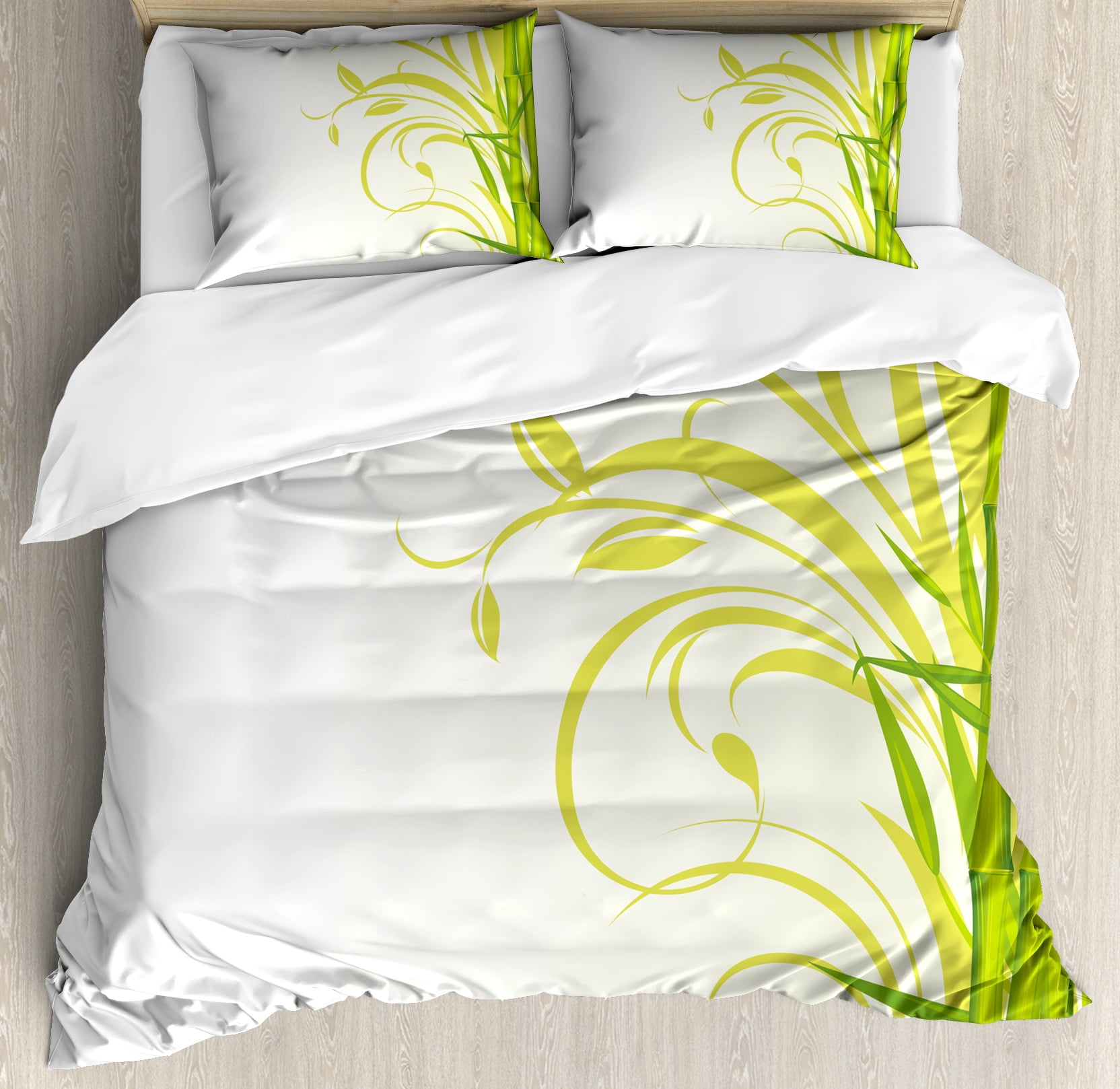 Green Queen Size Duvet Cover Set, Bamboo with Artistic Floral Curly ...