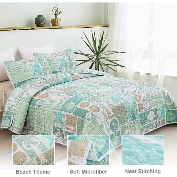 Green Quilt Set Queen Coastal Beach Theme Quilt Coverlet Set Soft Microfiber Reversible Bedspread with 2 Pillow Sham 3 Pieces Coastal Bedding Quilt for All Season 90"x96"