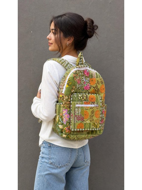 Green Quilted Backpack, Floral Patchwork Cotton Bag, Handmade Travel Backpack, Boho School Bag