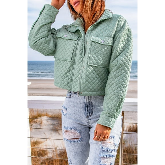 Green Quilted Pocketed Zip-Up Cropped Jacket