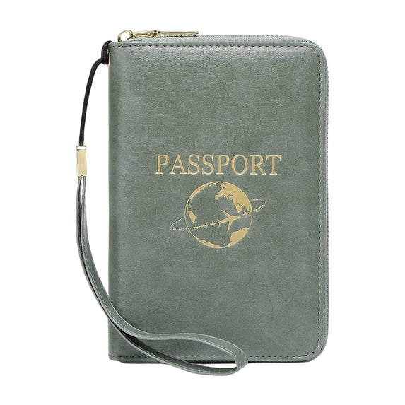 Green RFID Anti Magnetic Passport Wallet – Slim Leather Travel Wallet with Zipper & Wristlet Strap, Holds Credit Cards Tickets Boarding, Great for Summer Adventure