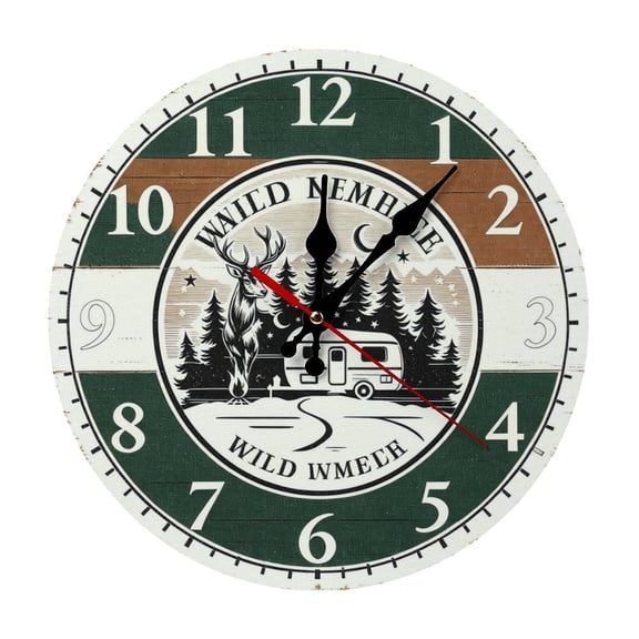Green RV Forest Camper Face Round Wooden Wall Clock, Silent Non-Ticking Decor Clock for Home Multi Room Use