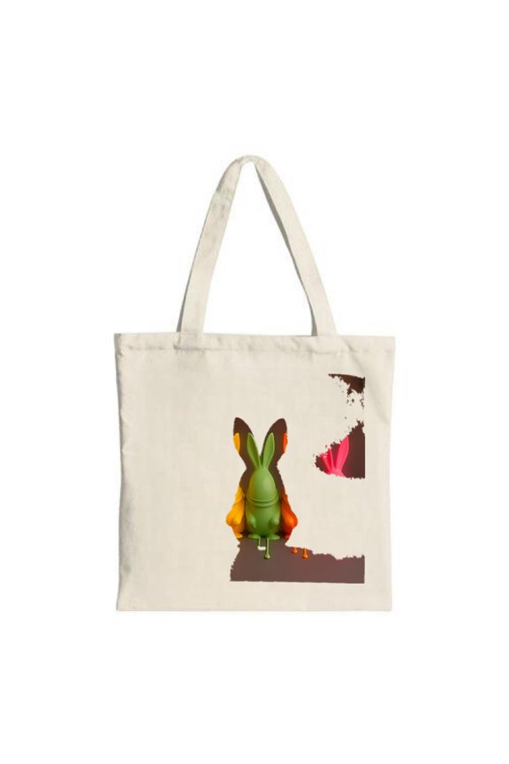 Green Rabbit Tote Bag with Yellow Cape Brown Background & Pink Abstract Design - Stylish Canvas Bag for Shopping Travel & Parties