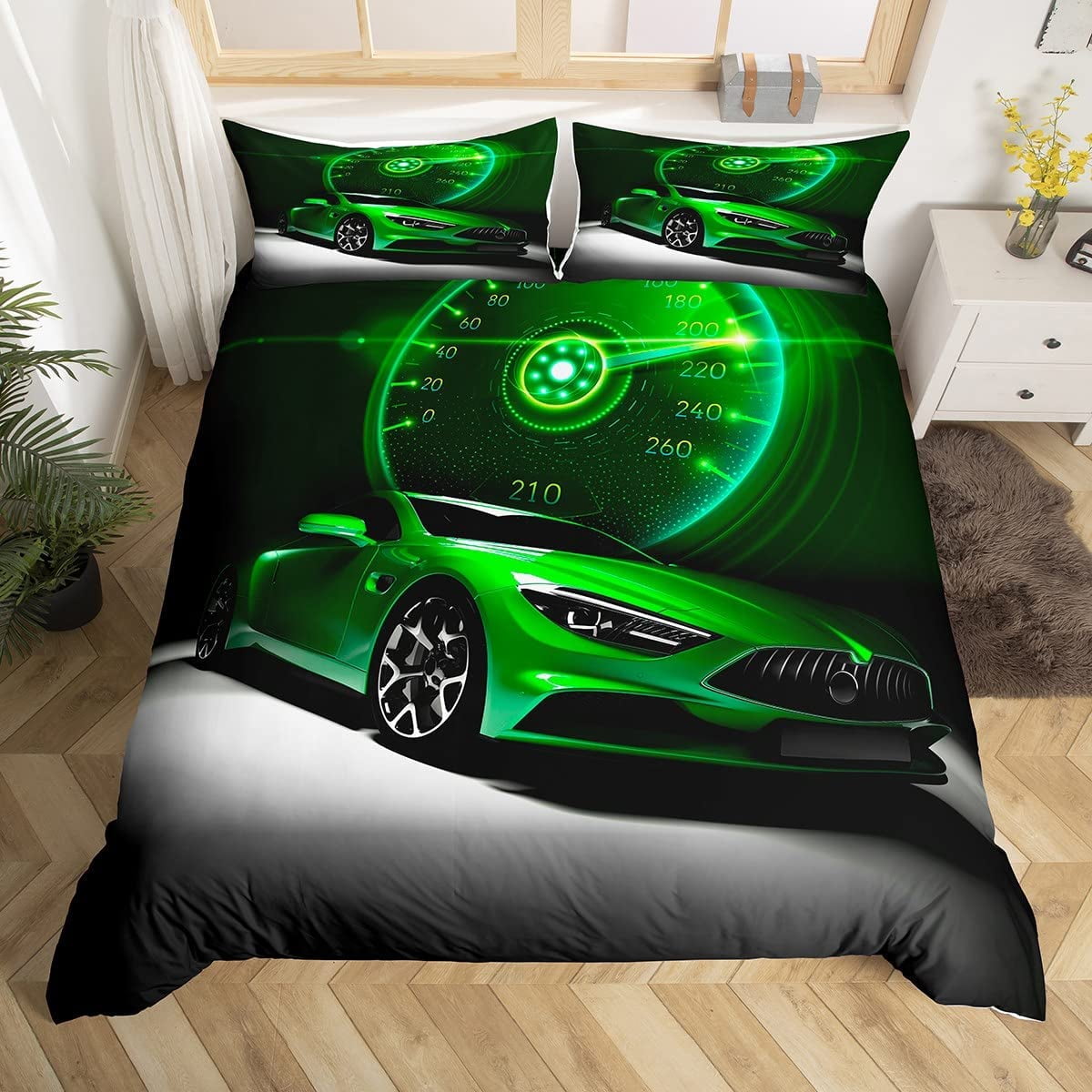 Green Race Car Comforter Cover Sports Car Bedding Set Extreme Games Sport Theme Duvet Cover For