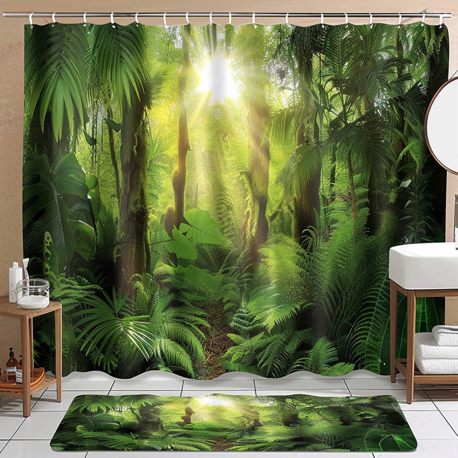 Green Rainforest Bathroom Curtain Set Lush Jungle Landscape with