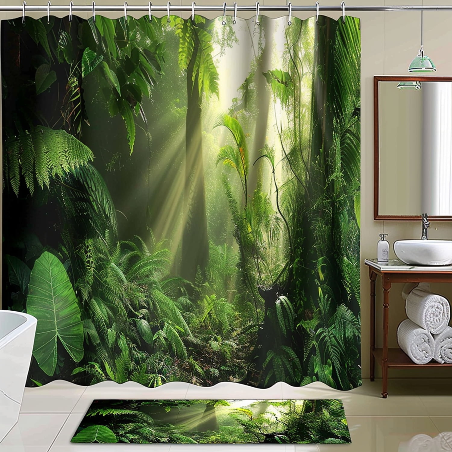 Green Rainforest Bathroom Curtain Set Lush Jungle Landscape With 