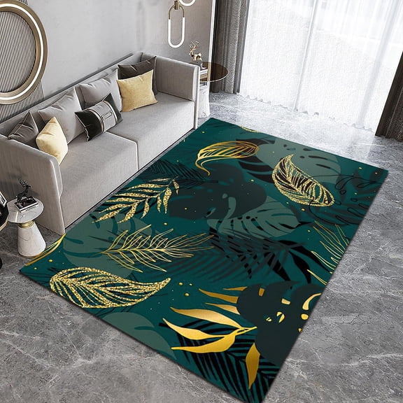 Green Rainforest Leaves Area Rug Golden Dotted Banana Large Rugs Indoor Non Slip Machine Washable Breathable Durable Carpet Front Entrance Floor Decor 2x3 Small Non-slip Soft Living