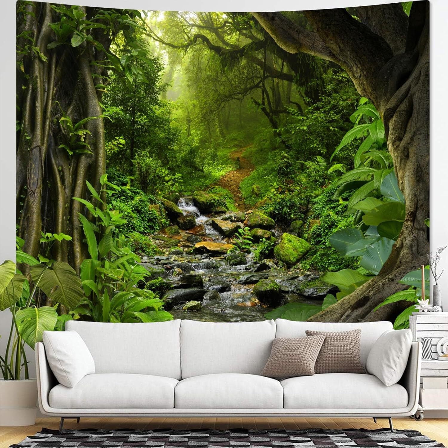 Green Rainforest Tapestry Nature Forest Tapestry for Bedroom Aesthetic Misty Tropical Jungle Trees Flowing Stream Landscape Tapestries Wall Hanging for Living Room Dorm 60 x 40 Inch