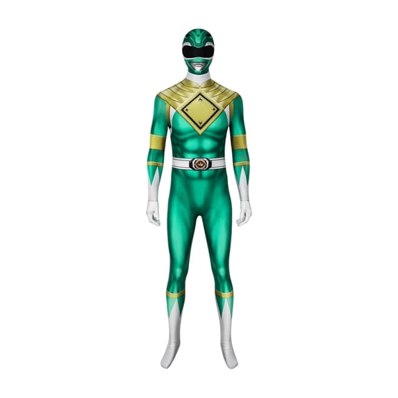 Green Ranger Costume Superhero Cosplay Warrior Jumpsuit Full Body Spandex Bodysuit Halloween Dress Up Party Outfit for Adults Men Power Ninja Ranger Battle Suit