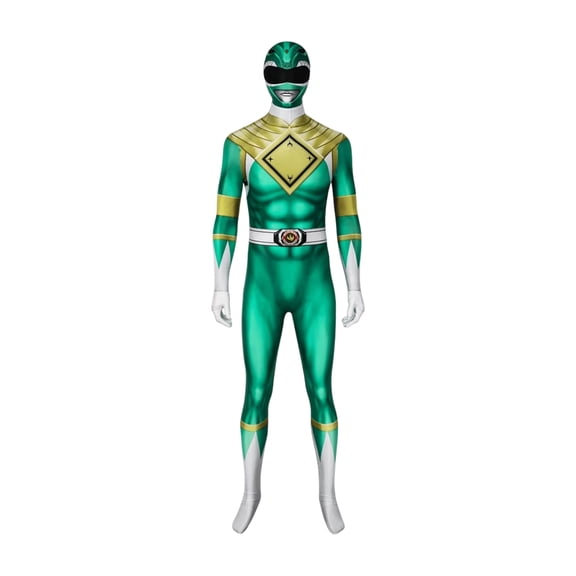 Green Ranger Costume Superhero Cosplay Warrior Jumpsuit Full Body Spandex Bodysuit Halloween Dress Up Party Outfit for Adults Men Power Ninja Ranger Battle Suit