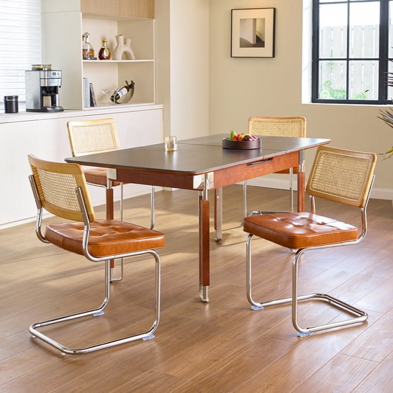 GrandNoor Brown Faux Leather Rattan Dining Chairs Set of 4, Wooden Mid Century Modern Dining Room Chairs, Mesh Back Cane Kitchen Chair, Cesca Design Chairs with Metal Chrome Legs